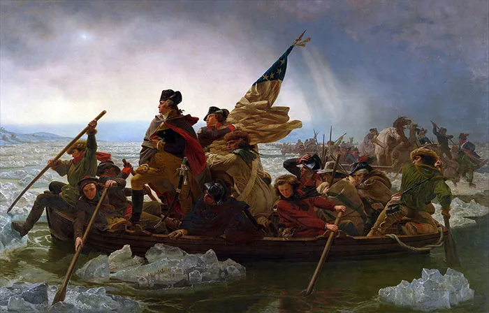 Famous painting depicting a historic boat crossing, showcasing determined individuals navigating icy waters.