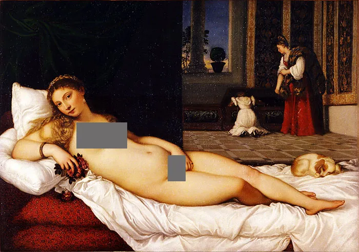Reclining nude with attendants in a famous historical painting setting.