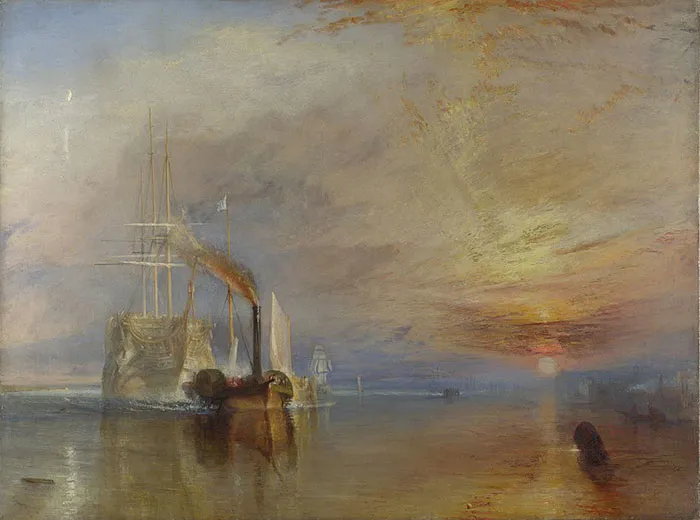 Famous painting with a ship at sunset, showcasing vibrant skies and reflective water.