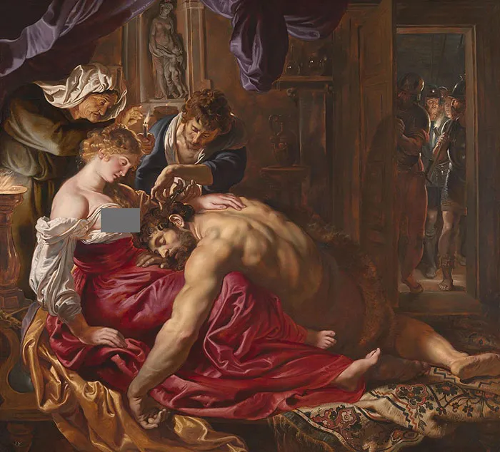 Baroque painting depicting a dramatic scene with historical figures, reflecting themes from famous art in history.