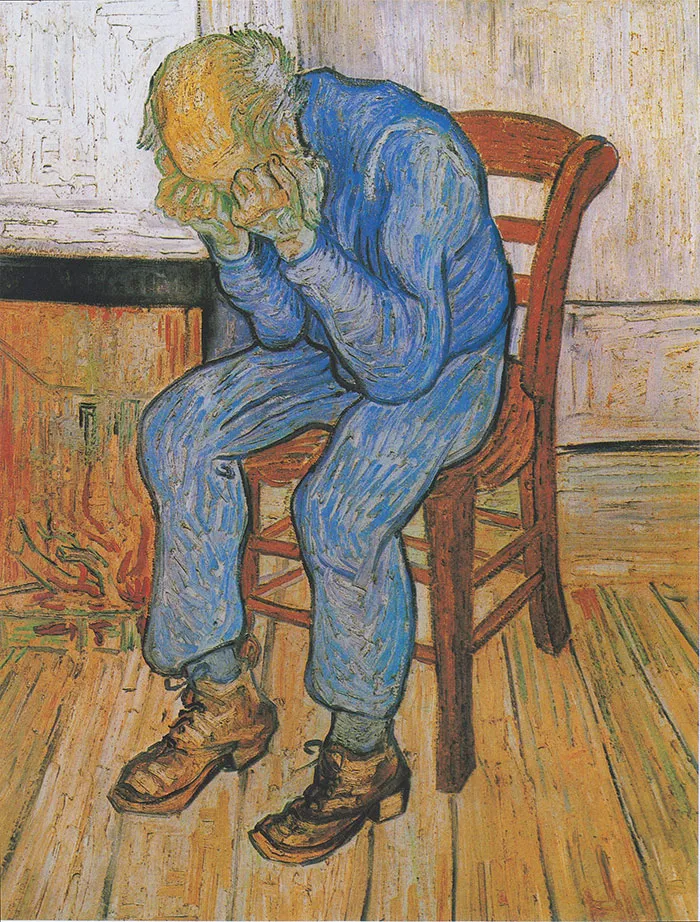 An elderly man in a blue outfit sits on a wooden chair, holding his head in his hands in a famous painting.