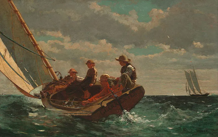 Sailboat with four people navigating waves under a cloudy sky in a famous painting.