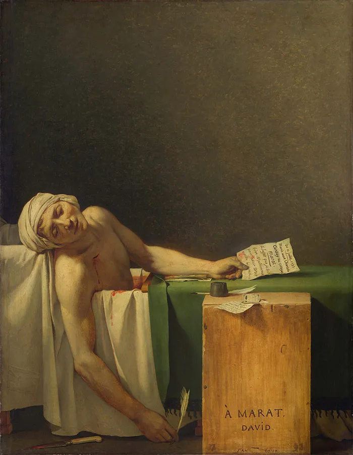 A famous painting depicting a lifeless man in a tub, holding a letter, known as one of the most iconic works in art history.