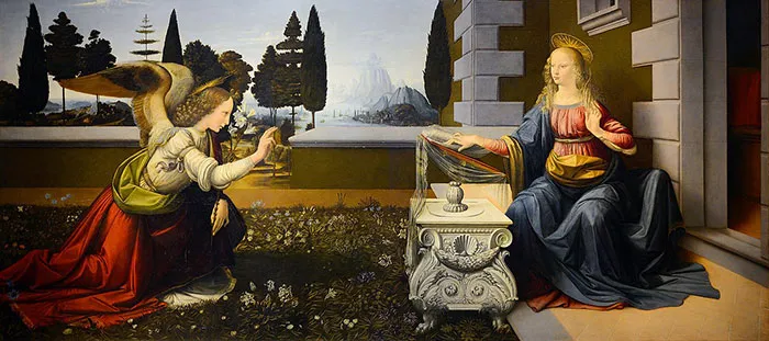 Angel and woman in a historical painting, featuring a serene landscape and classical architecture.