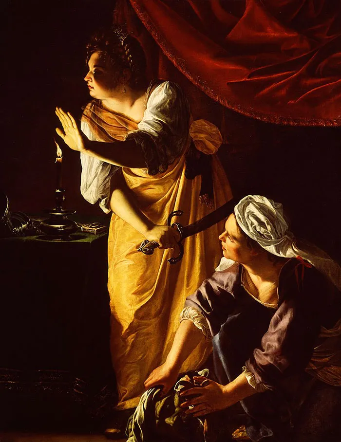 Two women with a sword in a famous painting, dramatic lighting creates a sense of tension and focus on their expressions.