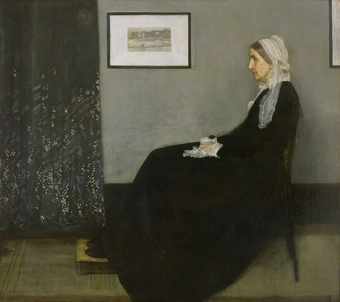 A famous painting depicting a woman in profile, seated against a gray wall and black curtain.