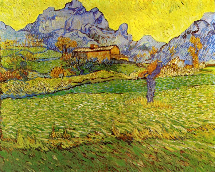 Famous painting of a vivid landscape with a house, trees, and mountains under a bright yellow sky.