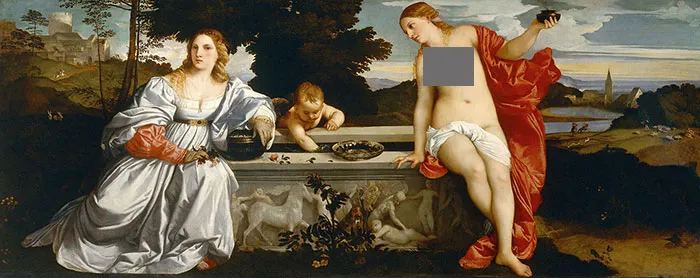 Famous paintings: two women and a child in an allegorical garden scene, highlighting Renaissance art style.