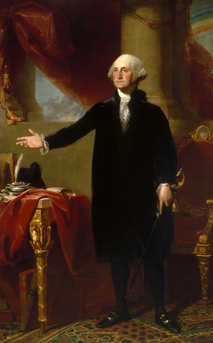 Famous painting of a man in 18th-century attire with a dramatic backdrop, emphasizing historical art themes.