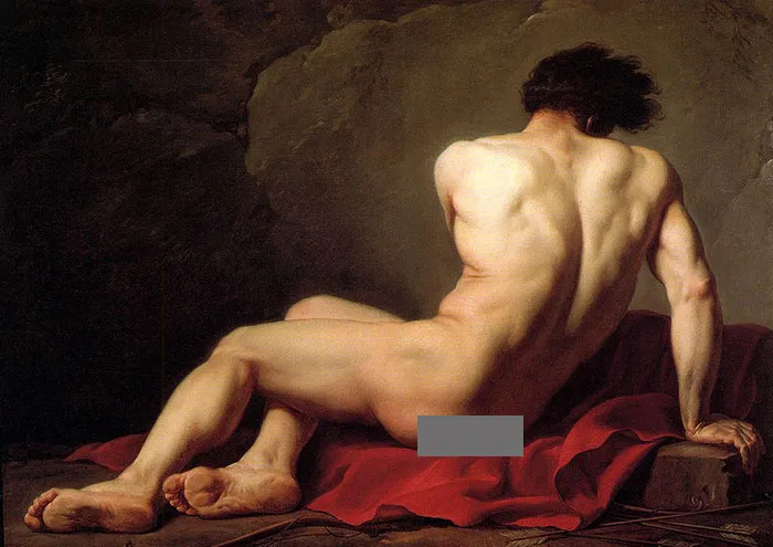 A famous painting depicting a nude figure seated on red fabric, showcasing classic art techniques.