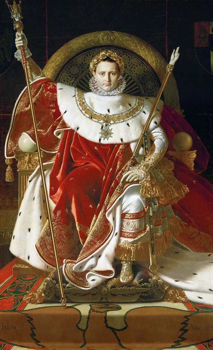 Famous painting depicting an emperor seated on a throne, wearing ornate robes and holding a scepter.