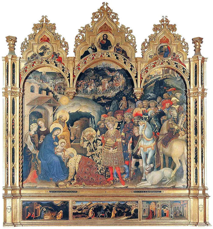 Famous artwork depicting a religious scene with intricate details and vivid colors, showcasing a historical masterpiece in art.
