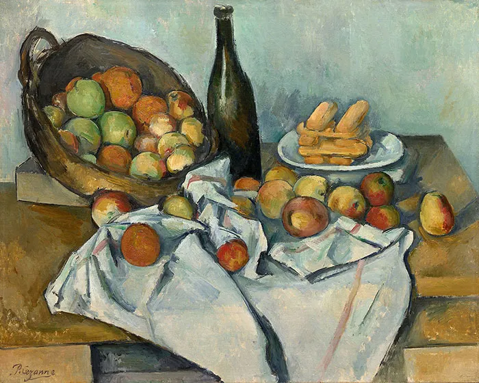 Still life painting with apples, a wine bottle, and a basket, exemplifying famous art history themes.