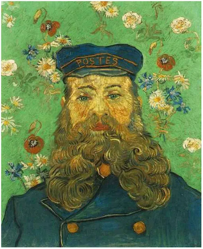 Portrait with a floral background from famous paintings in art history, featuring a man in a blue cap and coat.