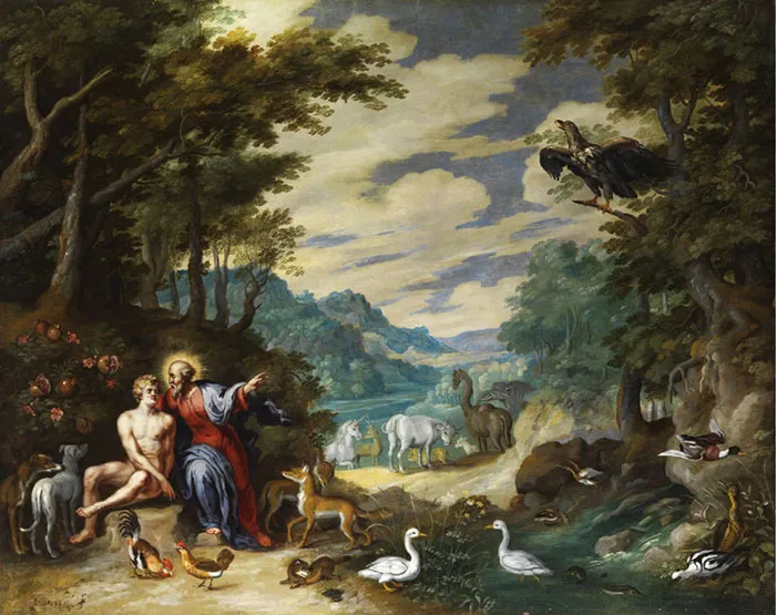 Famous painting of a biblical scene with two figures surrounded by animals and lush nature.