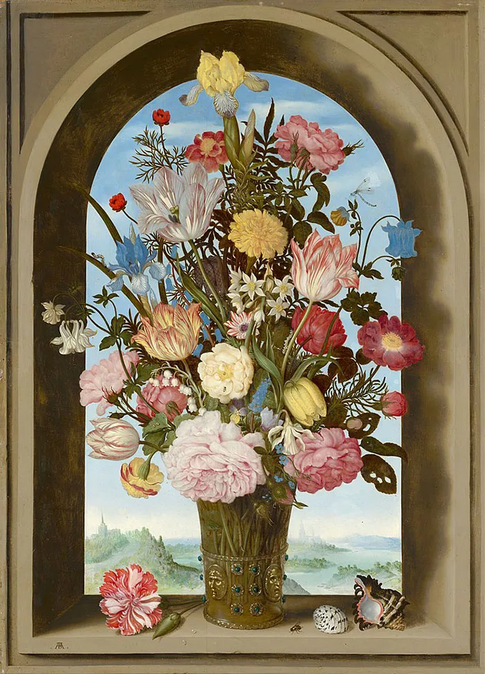 Floral still life painting in a vase, showcasing vibrant flowers from art history.