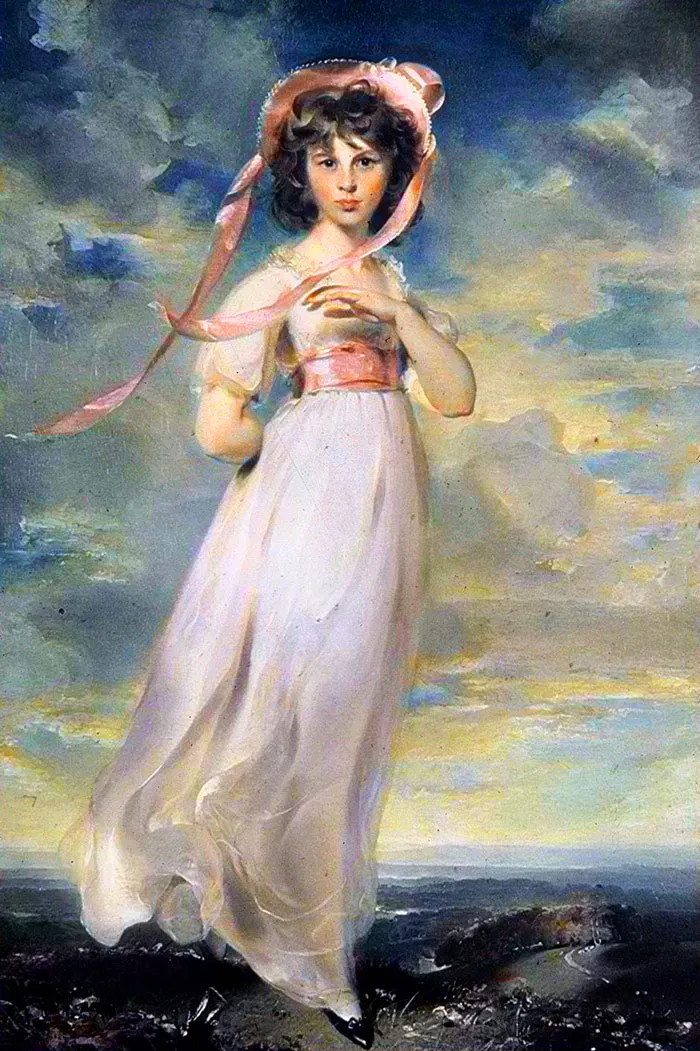 Painting of a young girl in a flowing dress with a sunset background, exemplifying famous art history.