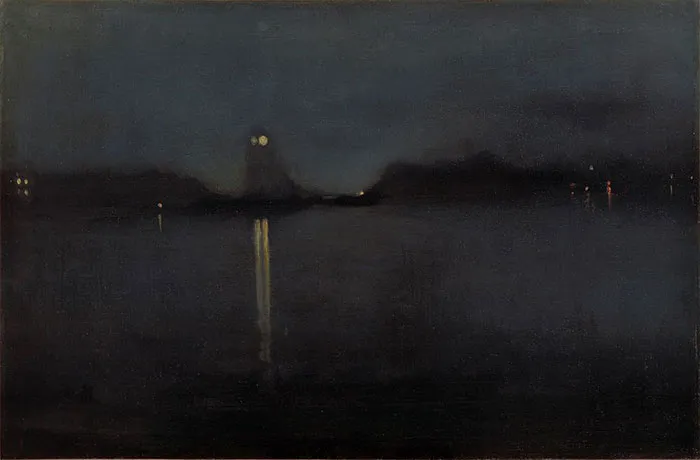 Famous painting of a dark, mysterious night scene with faint lights and reflections on water.