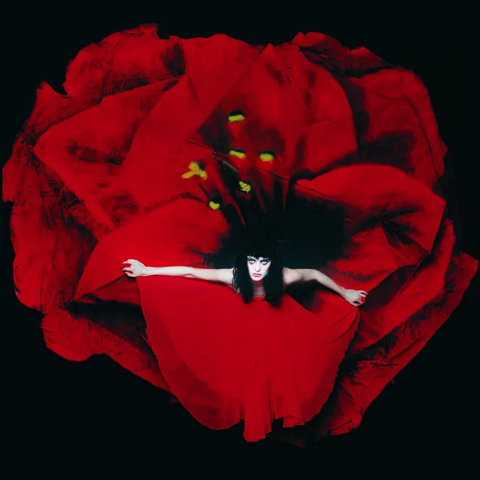Woman in a red dress forming part of a flower on one of the greatest album covers.