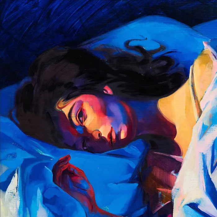 Colorful and artistic album cover featuring a woman lying on a blue bed.