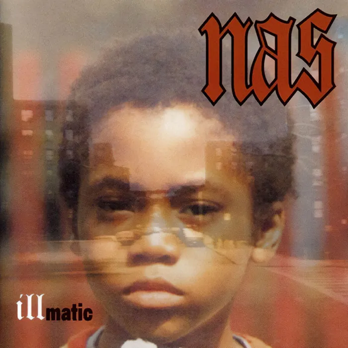Album cover featuring a child's face with blurred city background, titled "Illmatic" by Nas.