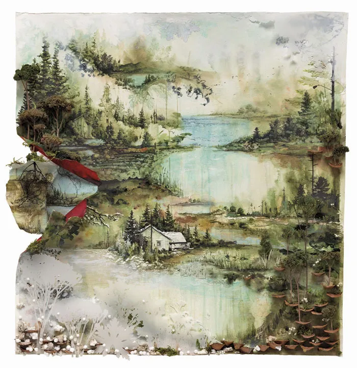 Beautiful forest and lake scene on one of the greatest album covers ever, featuring lush greenery and serene water.