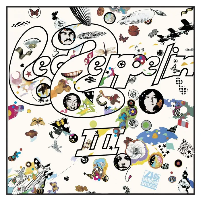 Led Zeppelin album cover with colorful, eclectic images and illustrations.