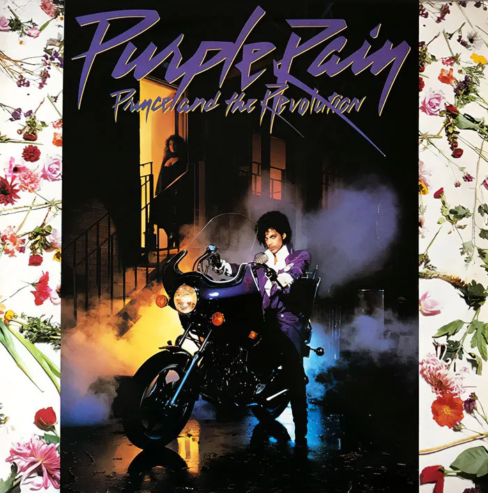 Iconic Purple Rain album cover with a figure on a motorcycle against a vibrant, misty backdrop.
