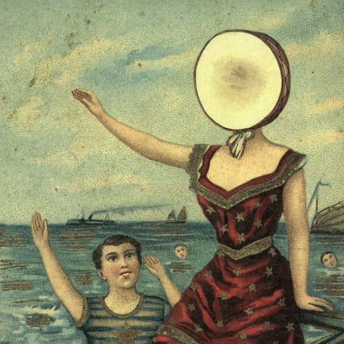 Surreal album cover featuring a faceless woman in a vintage swimsuit by the sea, a classic in greatest album covers.