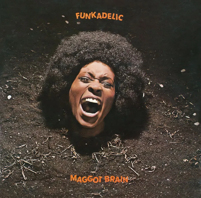 Album cover of Funkadelic's "Maggot Brain," featuring a face emerging from the ground, highlighting greatest album covers.