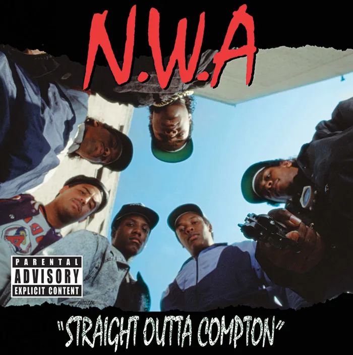 N.W.A's "Straight Outta Compton" album cover featuring the group looking down at the camera, iconic hip-hop artwork.