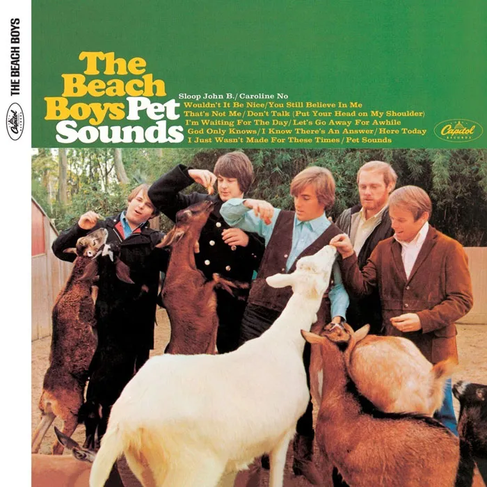 The Beach Boys with goats on the "Pet Sounds" album cover, iconic in music history.
