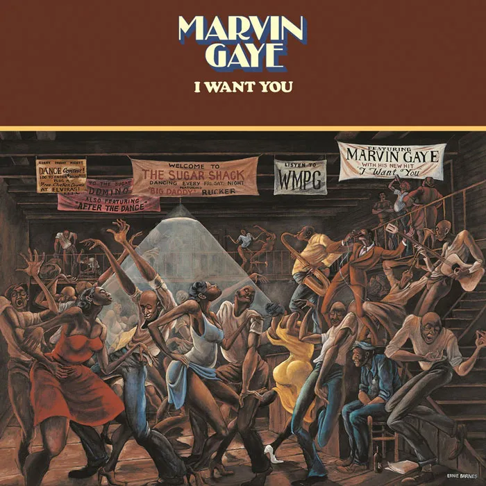 Greatest album cover art showing a lively dance scene by Ernie Barnes for Marvin Gaye's "I Want You."