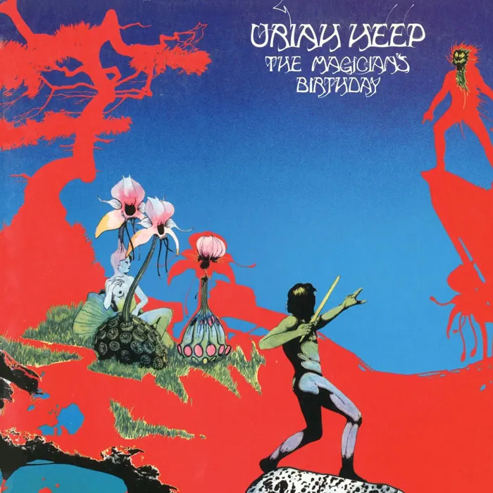 Psychedelic album cover art with vibrant colors and mystical elements, featuring surreal landscapes and figures.