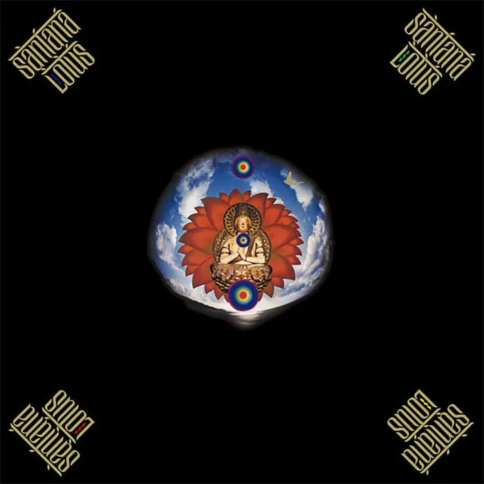 Album cover featuring a mystical figure on a lotus with a cosmic backdrop, titled "Santana Lotus."