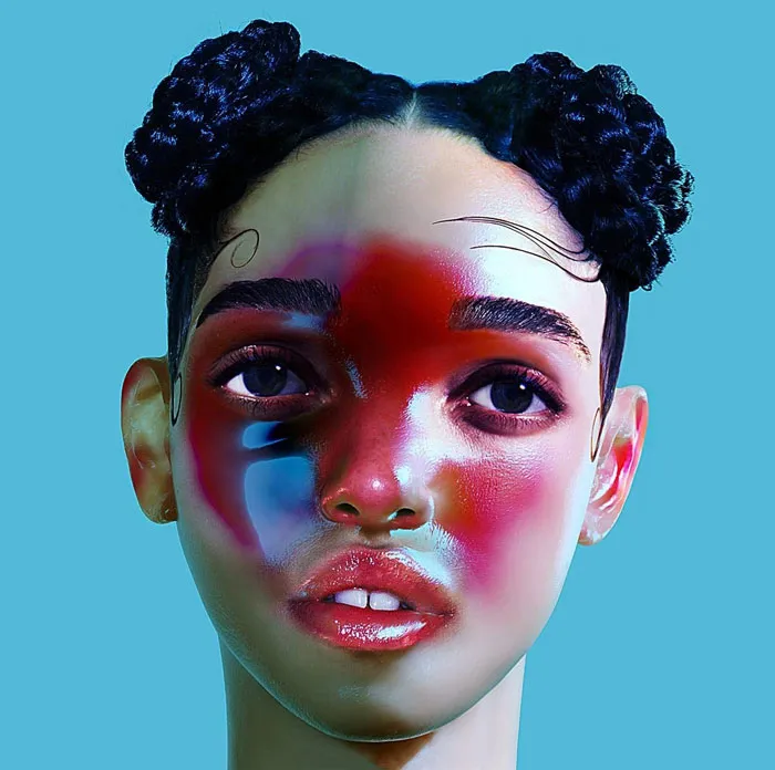 Colorful album cover with an abstract face and vibrant hues on a blue background.
