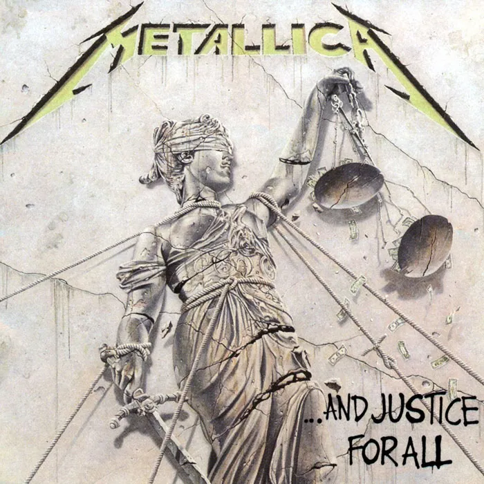 Metallica's "...And Justice for All" album cover featuring Lady Justice bound in ropes with scales.