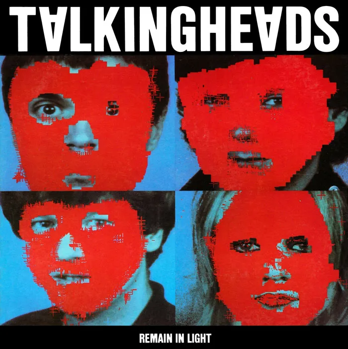 Album cover of "Remain in Light" by Talking Heads with red abstract faces.