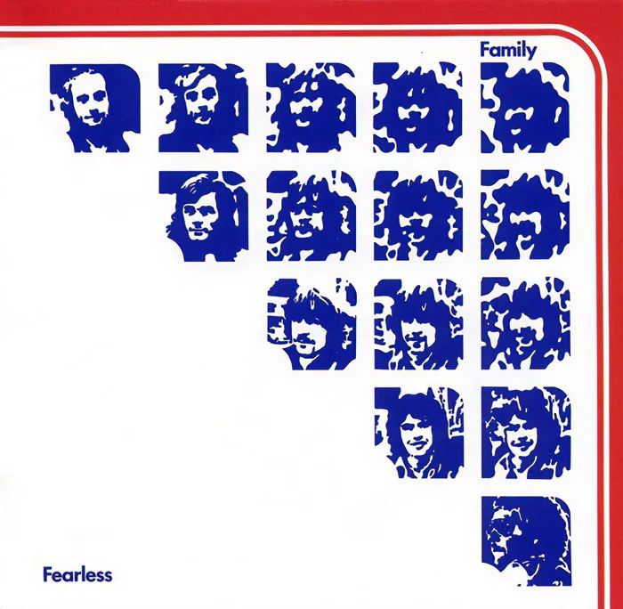 Stylized blue and white portrait design on a classic album cover with a red border.