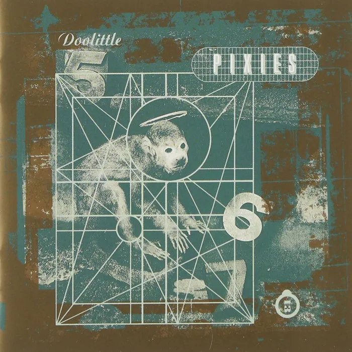 Pixies' Doolittle album cover featuring abstract geometric design and masked monkey illustration.