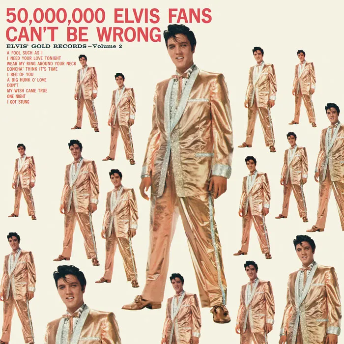 Iconic album cover featuring a grid of Elvis Presley in a gold suit.