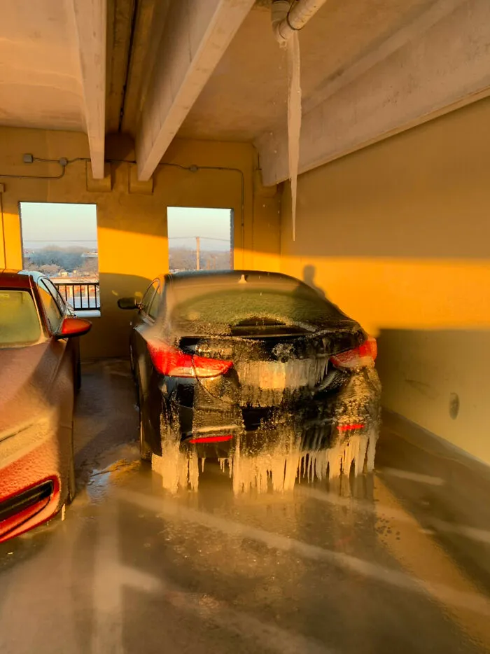 Guy Parks On The Stripes Thinking He Can Avoid The Freezing Rain Only To Be Under A Leaky Pipe