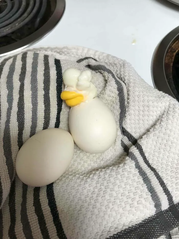 Este huevo se derramó por una grieta mientras se cocinaba y parece un patito