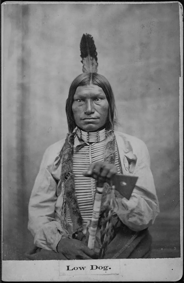 Historical photo of Low Dog, wearing traditional attire and holding a tomahawk, showcasing a Native American perspective.