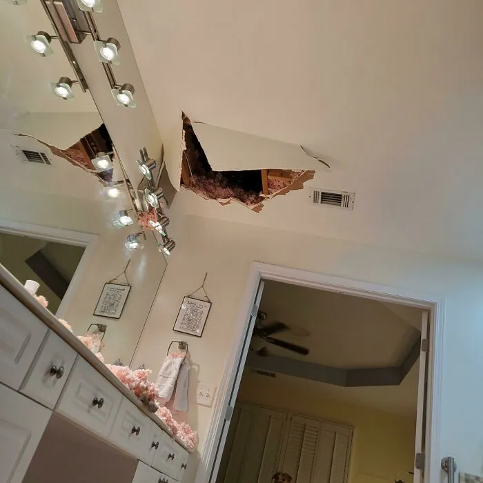 Esta es mi vista desde el piso del baño, mirando el agujero en el techo por el que acabo de caer