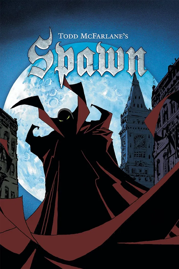 Spawn cartoon poster featuring silhouetted figure against full moon backdrop.