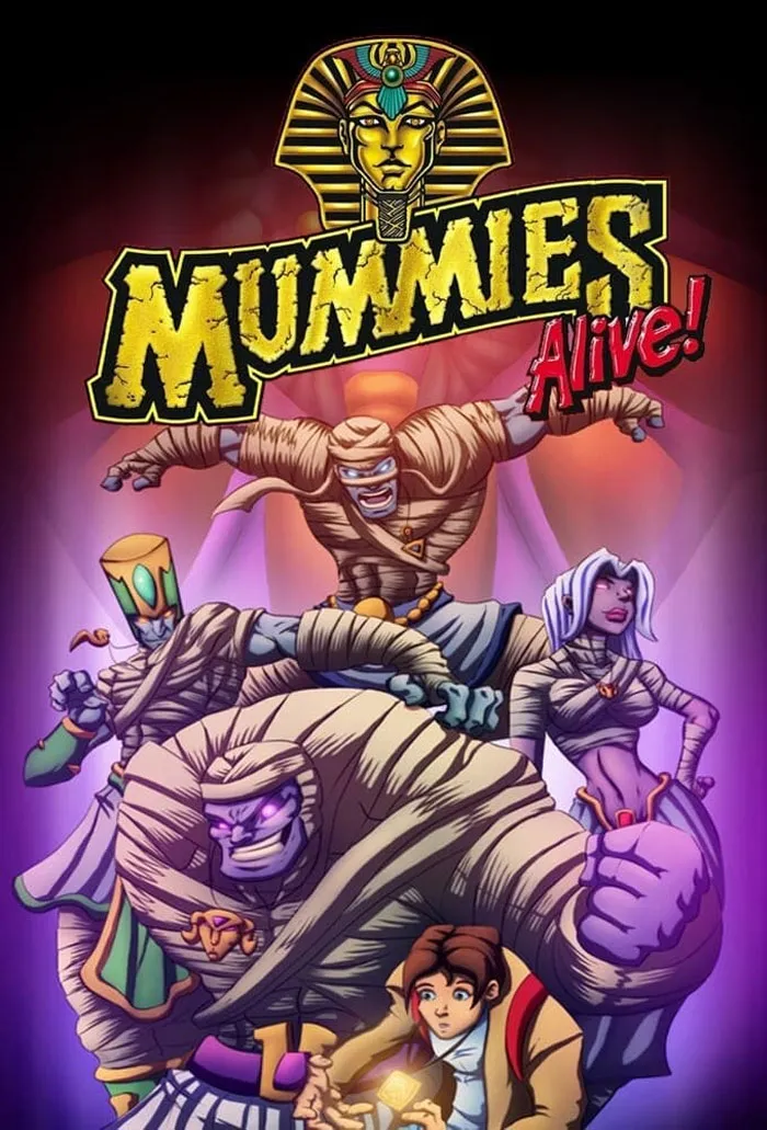 Cover art for the '90s cartoon "Mummies Alive!" featuring animated mummies and characters in action poses.