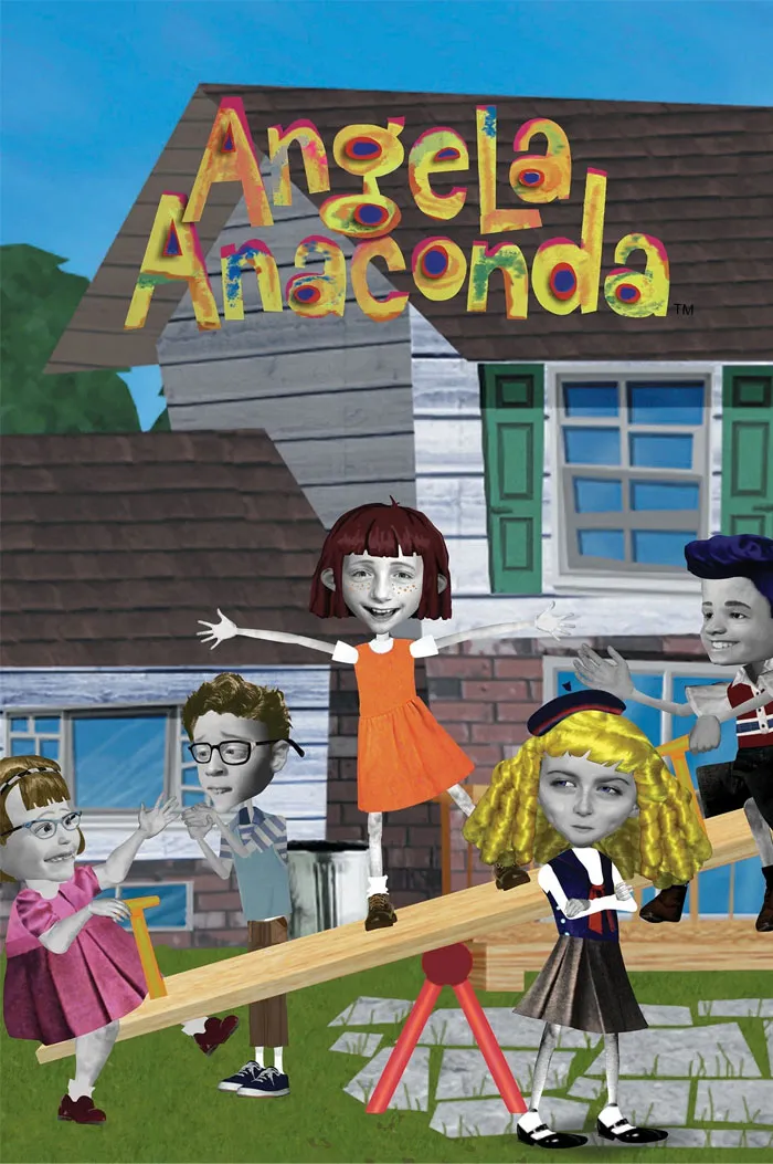 Children playing on a seesaw, featuring characters from a popular ‘90s cartoon in front of a house.