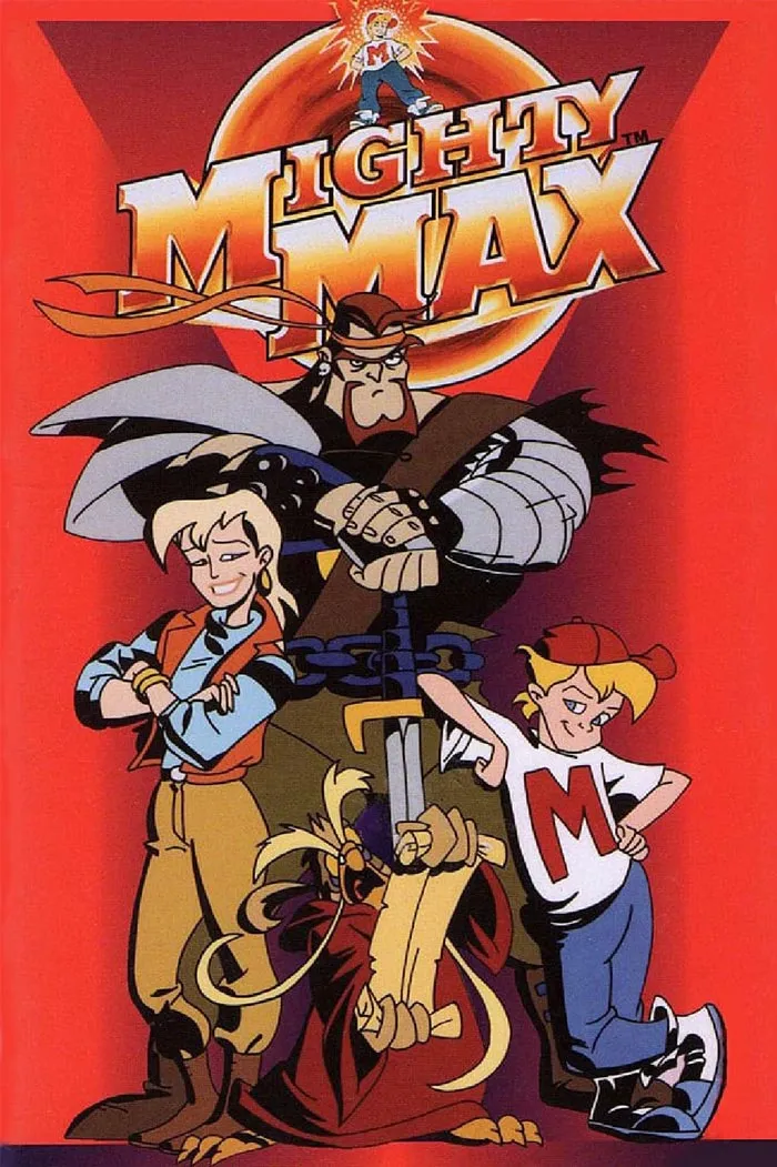 "Mighty Max characters against a red background from a '90s cartoon series."