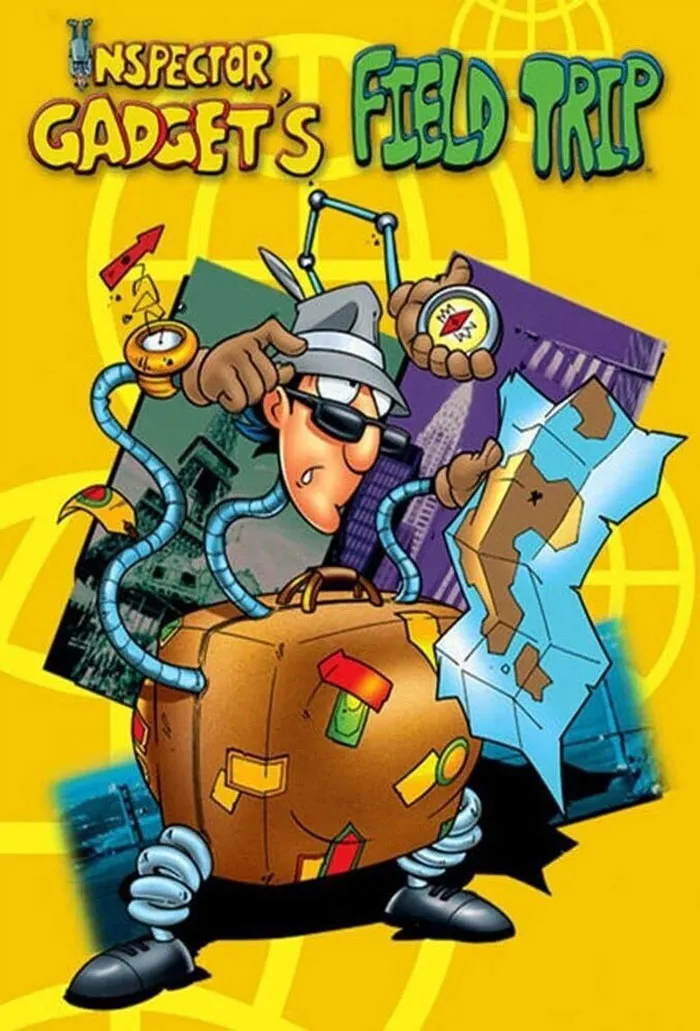 Inspector Gadget holding a map and a suitcase, showcasing '90s cartoons adventure theme.